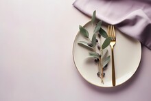  A White Plate Topped With A Fork And A Leafy Plant Next To A Purple Napkin On Top Of A White Table Cloth And A Purple Cloth.  Generative Ai