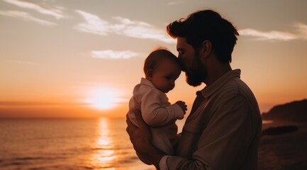 Wall Mural - father and son to the sea at sunset,Father's day.generative ai