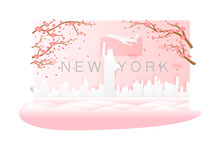 Panorama Travel Postcard, Poster, Tour Advertising Of World Famous Landmarks Of New York, Spring Season With Blooming Flowers In Tree In Paper Cut Style Icon Illustration On Transparent Background