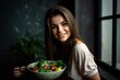 © Snapshooter - A young beautiful vegan woman eating healthy green salad. Concept of vegetarianism, healthy eating and wellness. Generative AI