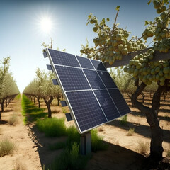 Canvas Print - Solar panels in an orchard. Generative AI.