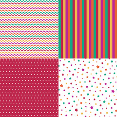 Simple seamless pattern set. Polka dot, chevron zigzag, colorful stripes, stars repeat tile. Background, cover, textile fabric or Christmas wrapping paper print. Bright vibrant colors viva magenta.