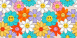 70s groovy seamless pattern with flowers. Colorful print with vintage cartoon hippie flowers, with smiling petals and a retro vibe.  Colorful psychedelic summer design vector illustration
