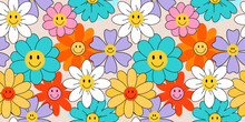 70s Groovy Seamless Pattern With Flowers. Colorful Print With Vintage Cartoon Hippie Flowers, With Smiling Petals And A Retro Vibe.  Colorful Psychedelic Summer Design Vector Illustration