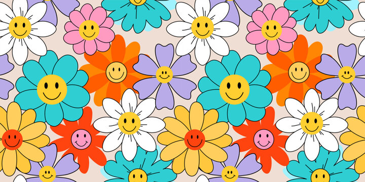Wall Mural - 70s groovy seamless pattern with flowers. Colorful print with vintage cartoon hippie flowers, with smiling petals and a retro vibe.  Colorful psychedelic summer design vector illustration