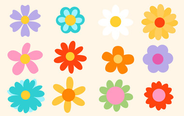 Wall Mural - Set of colorful hand drawn flowers in retro style. 70s groovy floral elements set. Simple Abstract flowers with different shapes and colors. Contemporary Vector illustration floral doodle elements