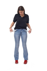 Wall Mural - front view of a bankrupt young girl on white background