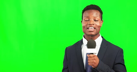 Canvas Print - Black man, broadcast journalist and face on green screen with media, news and reporter with microphone. Talking, portrait and male reporting with mockup space and communication on studio background