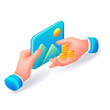 © elizaliv - 3D Isometric. Cartoon icons. Hands of businessmen make a deal, buying an electronic painting for bitcoins. Concept of modern shopping. Vector illustration