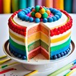 AI-generated illustration. a rainbow birthday cake, with colorful sweets and ornaments