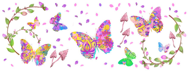 Wall Mural - Flowers , butterflies, mushrooms. Floral frame, banner. Holiday, wedding, birthday template, background.