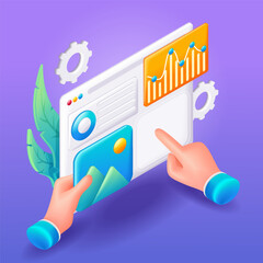 Canvas Print - trending 3d isometric, cartoon illustration. concept of seo optimization for website. charts and gra