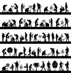 Wall Mural - People planting trees various poses silhouette set collection. Family gardening and planting trees outdoor different poses silhouette set.