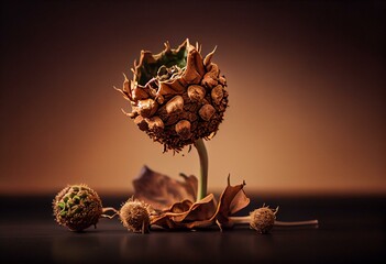 a rotten plant with seeds on a table top with a brown background and a green stem with a brown center and a brown center with a brown spot on the top of the top. Generative AI