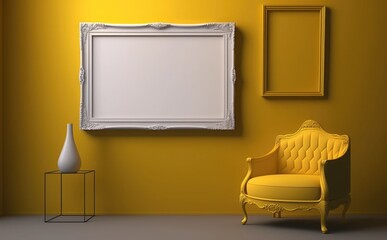 Stylish interior of modern living room with light wall, Blank wooden picture frame mockup on yellow wall