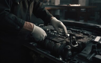 Wall Mural - repairman hands repairing a car engine automotive workshop with a wrench, Automobile mechanic car service and maintenance, Repair service