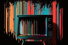 Old TV Set From 70s Over Colorful Stripes On Black Wall. Concept Of Media Propaganda Technology. Generative Ai Illustration.