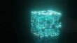 3d rendering of an abstract neon cube over a black reflective surface. The Tesseract. A fantastic illustration of the fifth dimension. The idea of quantum computing machines.