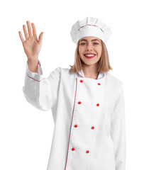 Poster - Female baker in uniform waving hand on white background