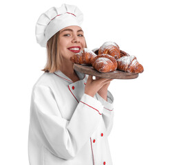 Sticker - Female baker with board of tasty croissants on white background