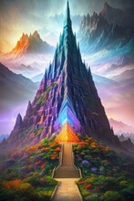 An Island With Stairs Leading Upward, A Magical Forest With A Castle, Generative AI Art Illustration 03