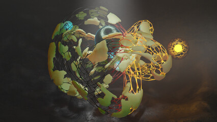 3d rendering of an abstract fantastic shape. The torus of the grid is twisted several times. Glowing balls above the metal surface. Fantastic illustration of a mysterious artifact.