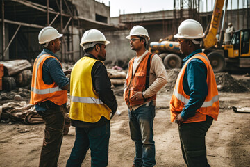 Wall Mural - Looking architecture plans on construction site. Sunset. Indian engineers and workers. Generative AI