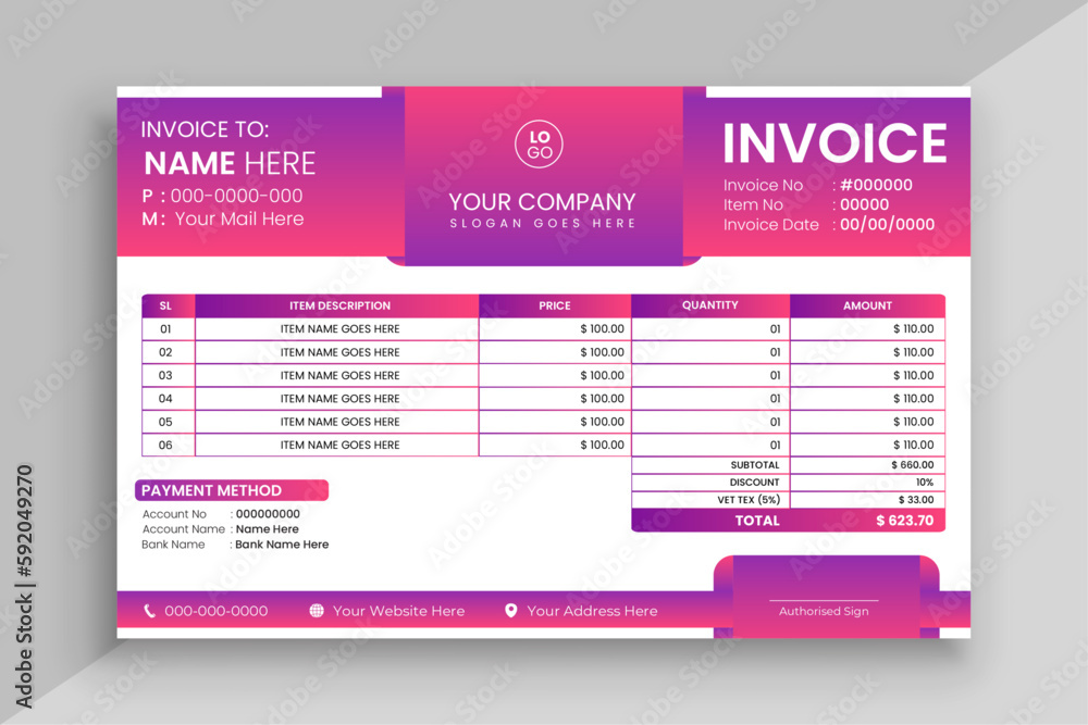 Horizontal invoice design. vector invoice form template, tax form ...
