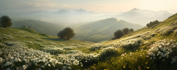 Wall Mural - Beautiful panoramic landscape of a green hills with spring flowers - AI Generated