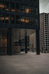 Business and finance concept street, moody photography view looking at modern office building architecture in the Toronto financial district King street, Ontario, Canada.