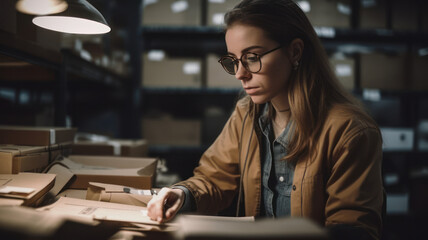 Wall Mural - Woman works at desk in warehouse, glasses, brunette, Generative AI