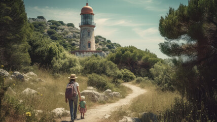 Wall Mural - Mom and child walking on the beach in the morning, Generative AI