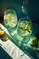 Sticker - Overhead shot of a refreshing gin and tonic drink with sunlight and shadows. Generative ai