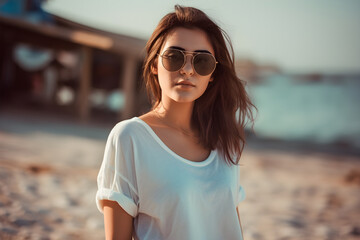 Beautiful summer girl in beach wearing clean white shirt and sunglass, white t shirt mockup, Turkish woman in beach