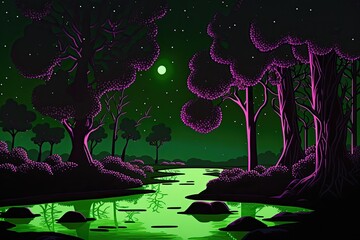 Wall Mural - serene river flowing through a dark forest at night. Generative AI