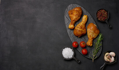 Wall Mural - Raw chicken legs in spices on a black board, top view. Cooking with spices