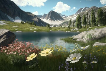 Wall Mural - Wildflower-filled alpine meadow Generative AI