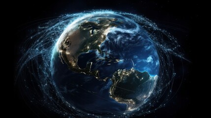 Wall Mural - Image of the planet Earth in space experimental fiber - optic communications and Internet communications. Generative ai