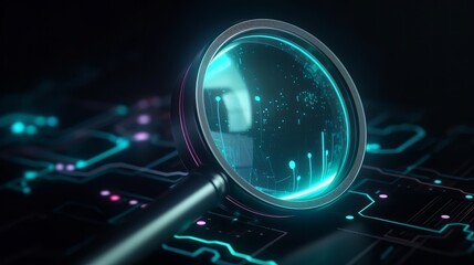 Aufkleber - Smart data search engine symbolize by magnifying glass with neon trail light. Generative ai