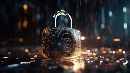Poster - Cyber security of network and data, padlock symbol - firewall, protection against hackers. Generative AI