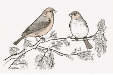 Canvas Print - two birds perched on a tree branch. Generative AI