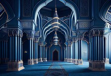 Islamic Mosque Interior Beautiful Blue Lgiht Perfect Background For Islamic Posts. Generative AI