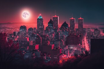 Poster - city skyline under a full moon. Generative AI