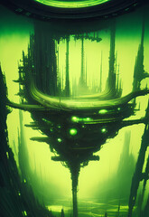 Wall Mural - technological utopia cyberpunk city, sci fi, green light, fog, science fiction setting, alien planet