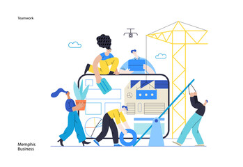 Memphis business illustration. Teamwork -modern flat vector concept illustration of people working together, building a company website, collaboration concept. Commerce business sales metaphor.
