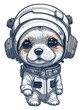 Portrait of a lovable character of a cute baby dog wearing an astronaut outfit. Puppy on White background.