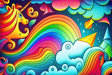 Wall Mural - majestic unicorn under a vibrant rainbow with fluffy clouds in the background. Generative AI