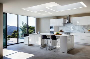 modern kitchen interior, White themed kitchen model, AI Generated