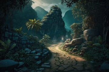 Wall Mural - The jungle grass is on the other side of the canyon, accessible through a stone path. Generative AI