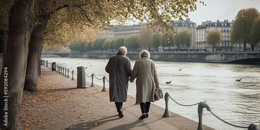 elderly couple strolling hand in hand along banks of river, concept of ...
